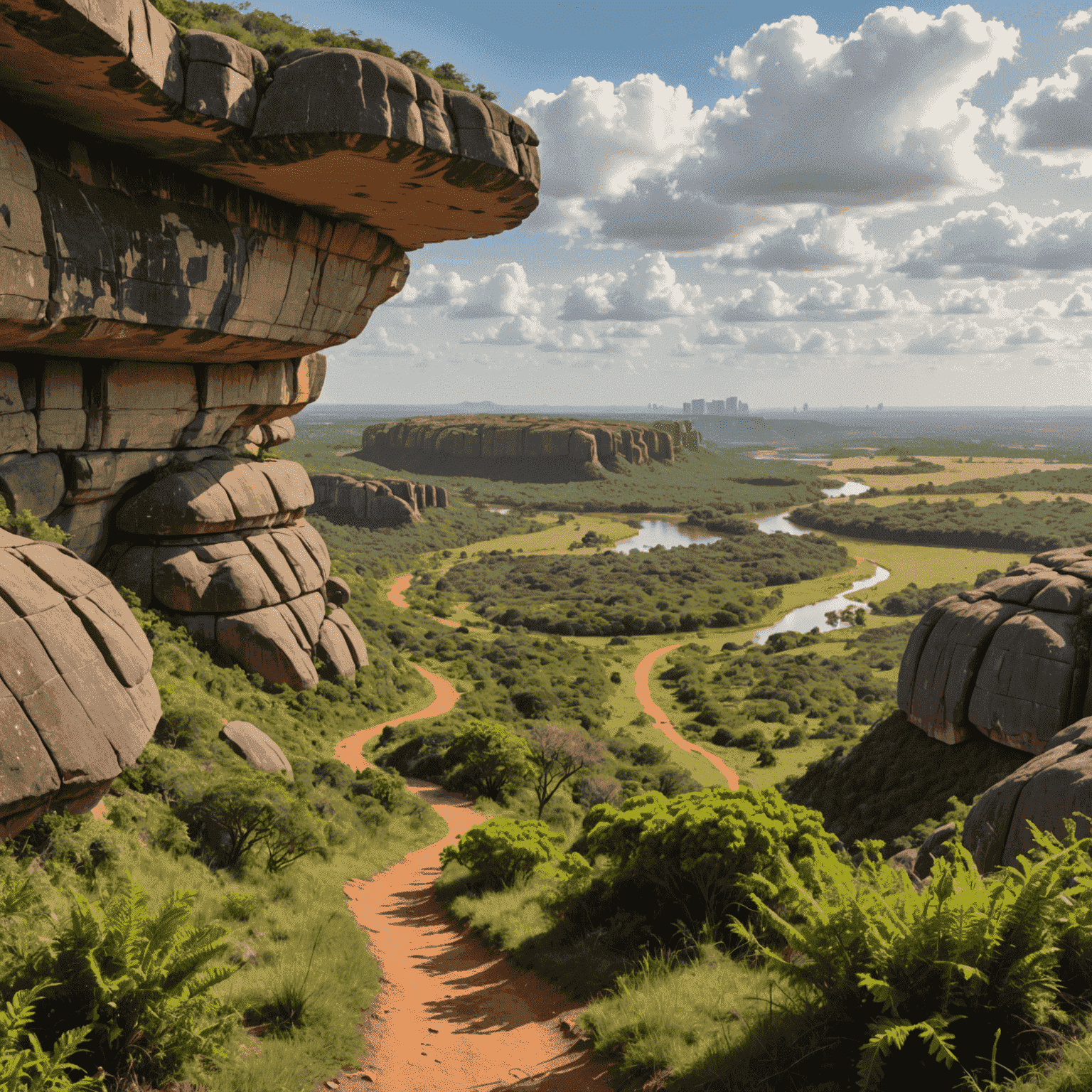 Vista panorâmica de uma trilha escondida em Brasília, mostrando uma paisagem exuberante do cerrado com formações rochosas únicas e vegetação nativa