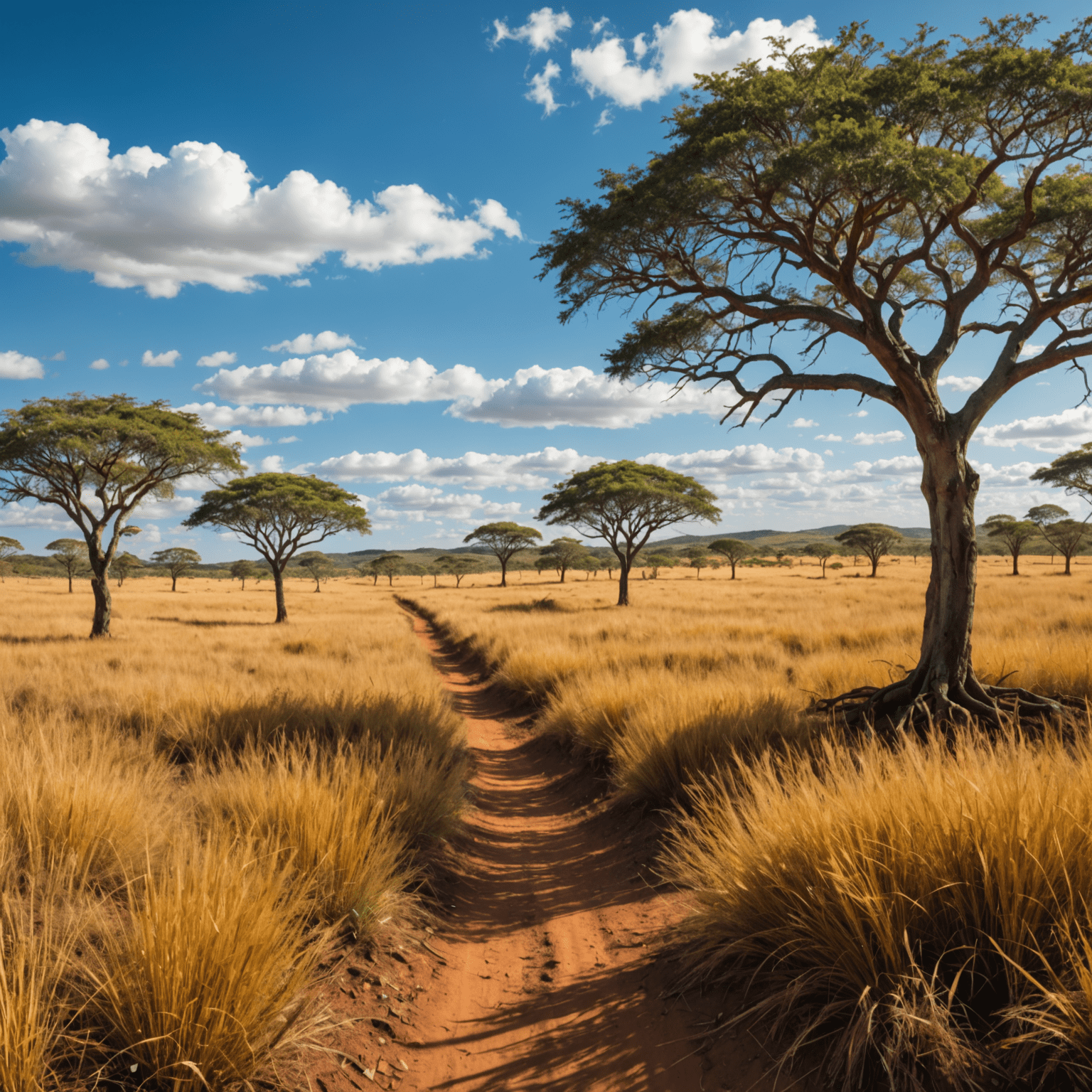 Vista panorâmica do cerrado brasileiro, mostrando uma vasta planície com árvores retorcidas e gramíneas douradas sob um céu azul vibrante