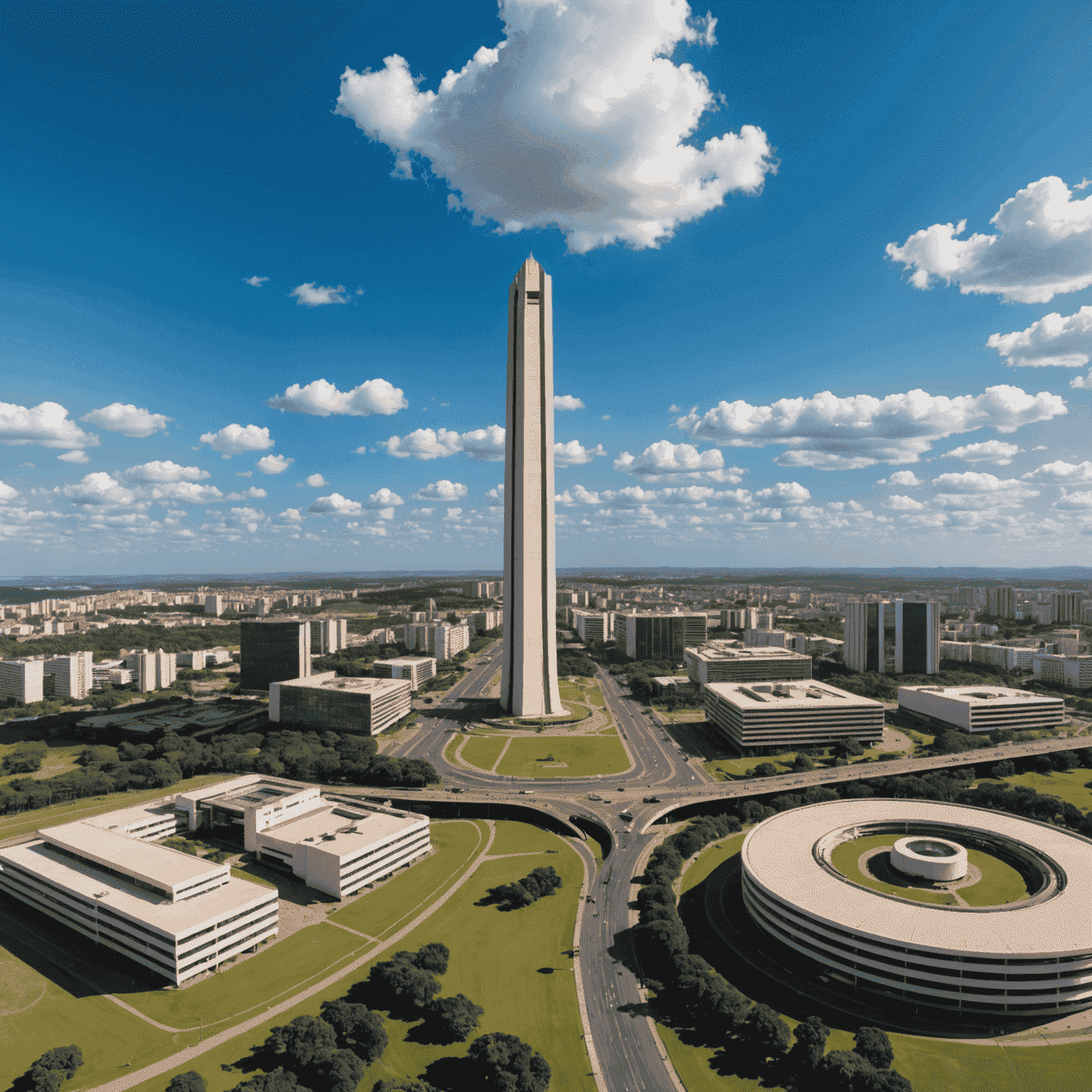 Vista panorâmica de Brasília, mostrando os edifícios modernistas icônicos e o céu azul