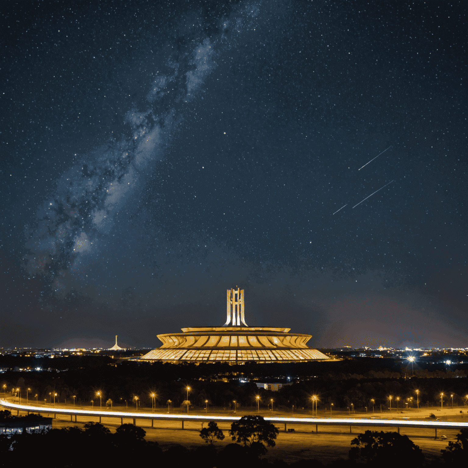 Vista noturna do céu estrelado sobre o horizonte de Brasília, com o Congresso Nacional iluminado em primeiro plano