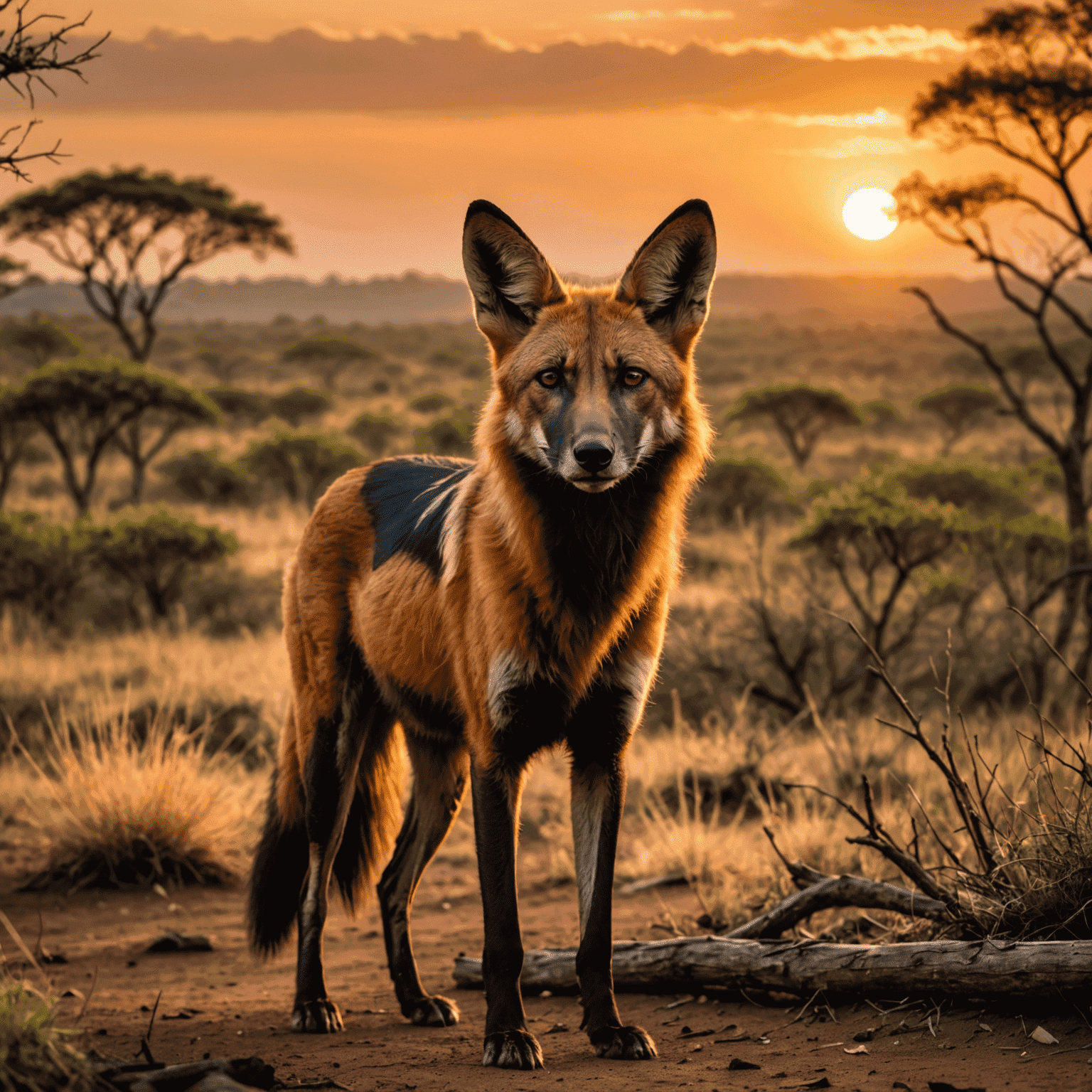 Imagem da vida selvagem do Brasil Central, mostrando um lobo-guará em seu habitat natural no cerrado, com o pôr do sol ao fundo criando uma atmosfera mágica.