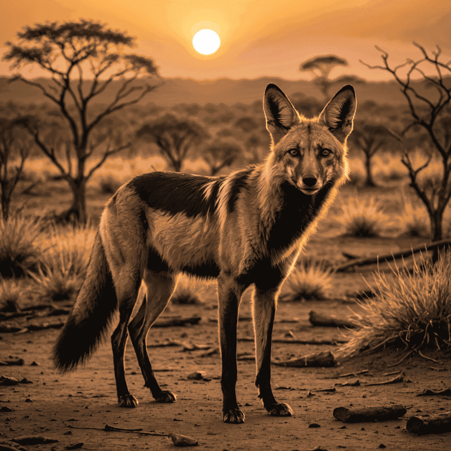 Imagem da vida selvagem do cerrado brasileiro, mostrando um lobo-guará em seu habitat natural, com o pôr do sol ao fundo.