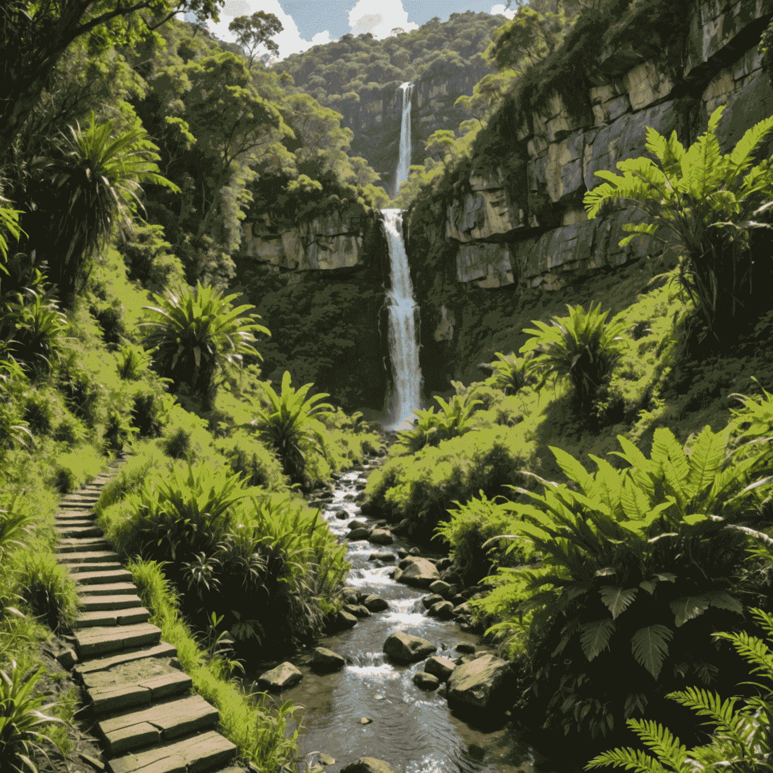 Trilha do Capão Comprido com vegetação densa do cerrado e uma pequena cachoeira ao fundo