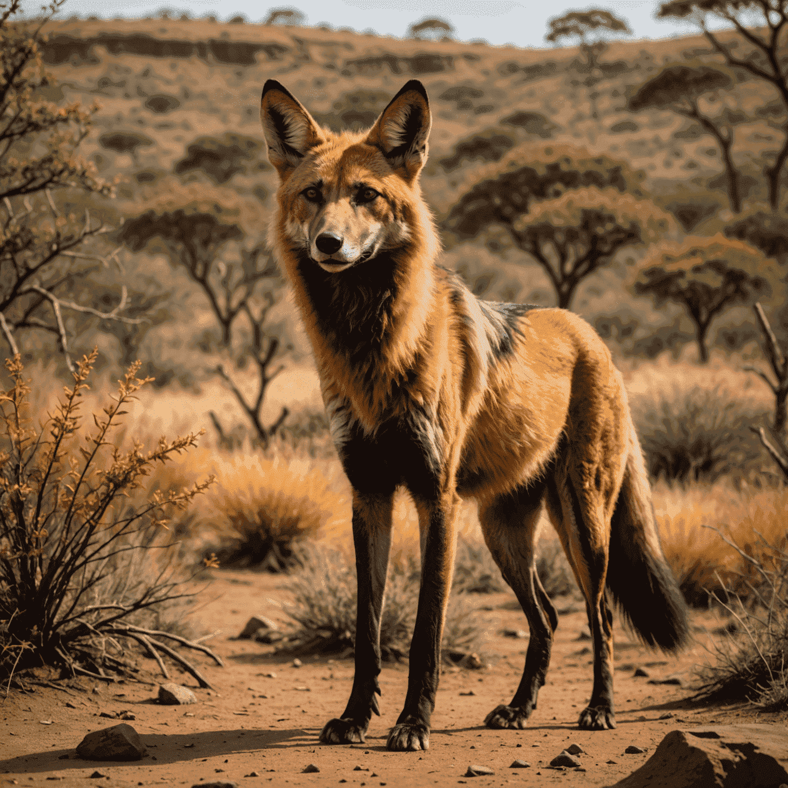 Um lobo-guará majestoso em pé no cerrado, com sua pelagem avermelhada contrastando com a vegetação dourada ao fundo