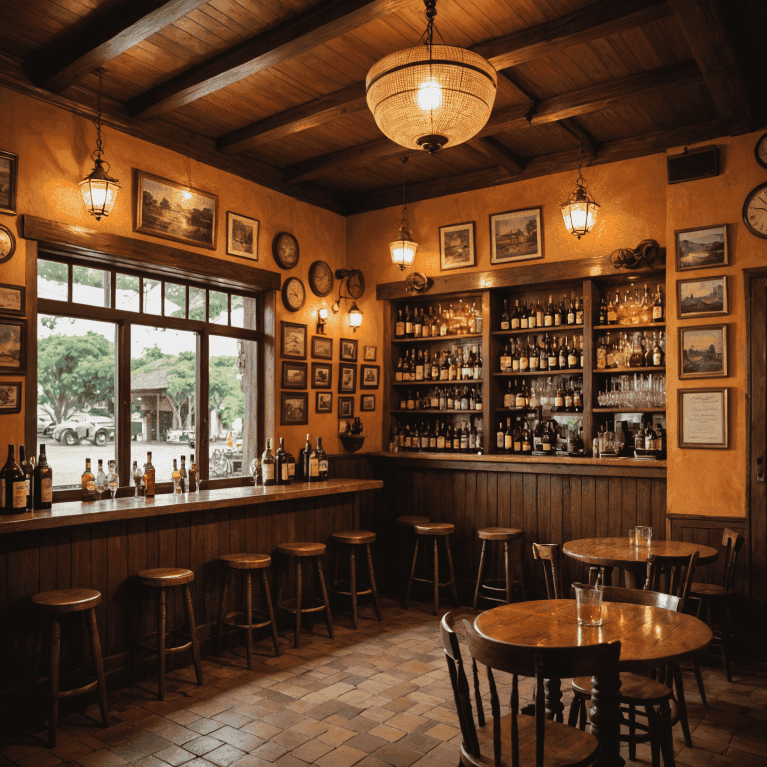 Interior acolhedor de um boteco tradicional em Brasília, com mesas de madeira e decoração vintage