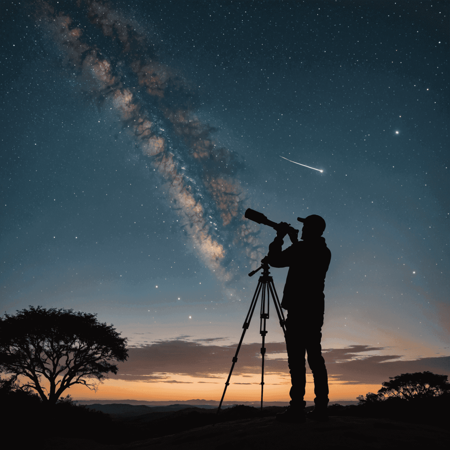 Pessoa usando um telescópio para observar o céu noturno, com a silhueta do Cerrado ao fundo