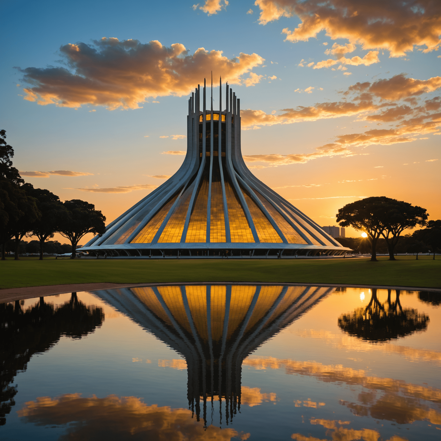 Imagem das maravilhas arquitetônicas de Brasília, destacando a Catedral de Brasília ao pôr do sol, com suas curvas únicas e vitrais coloridos brilhando sob a luz dourada.