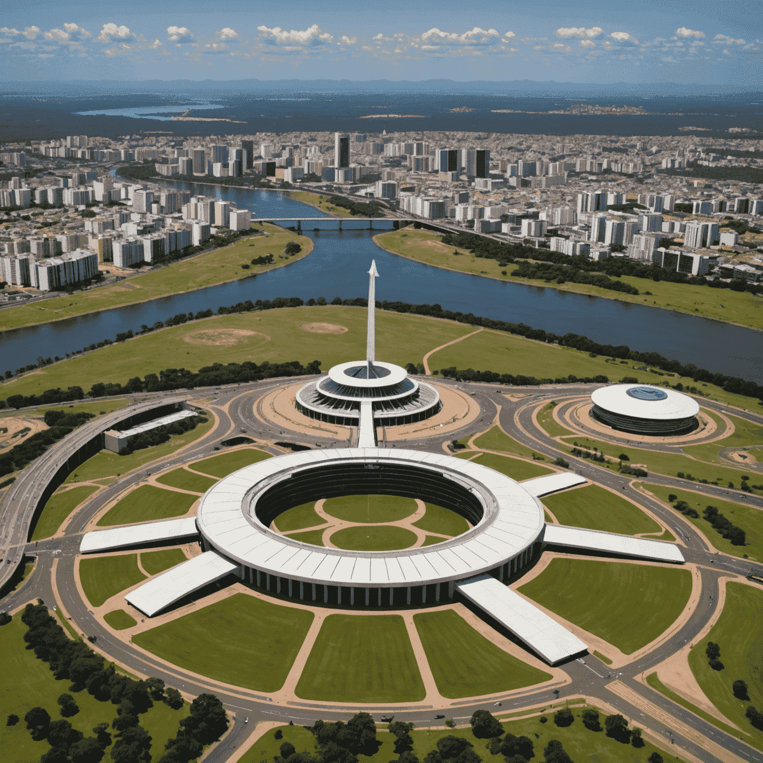 Imagem panorâmica de Brasília, destacando suas icônicas estruturas modernistas, incluindo a Catedral e o Congresso Nacional.