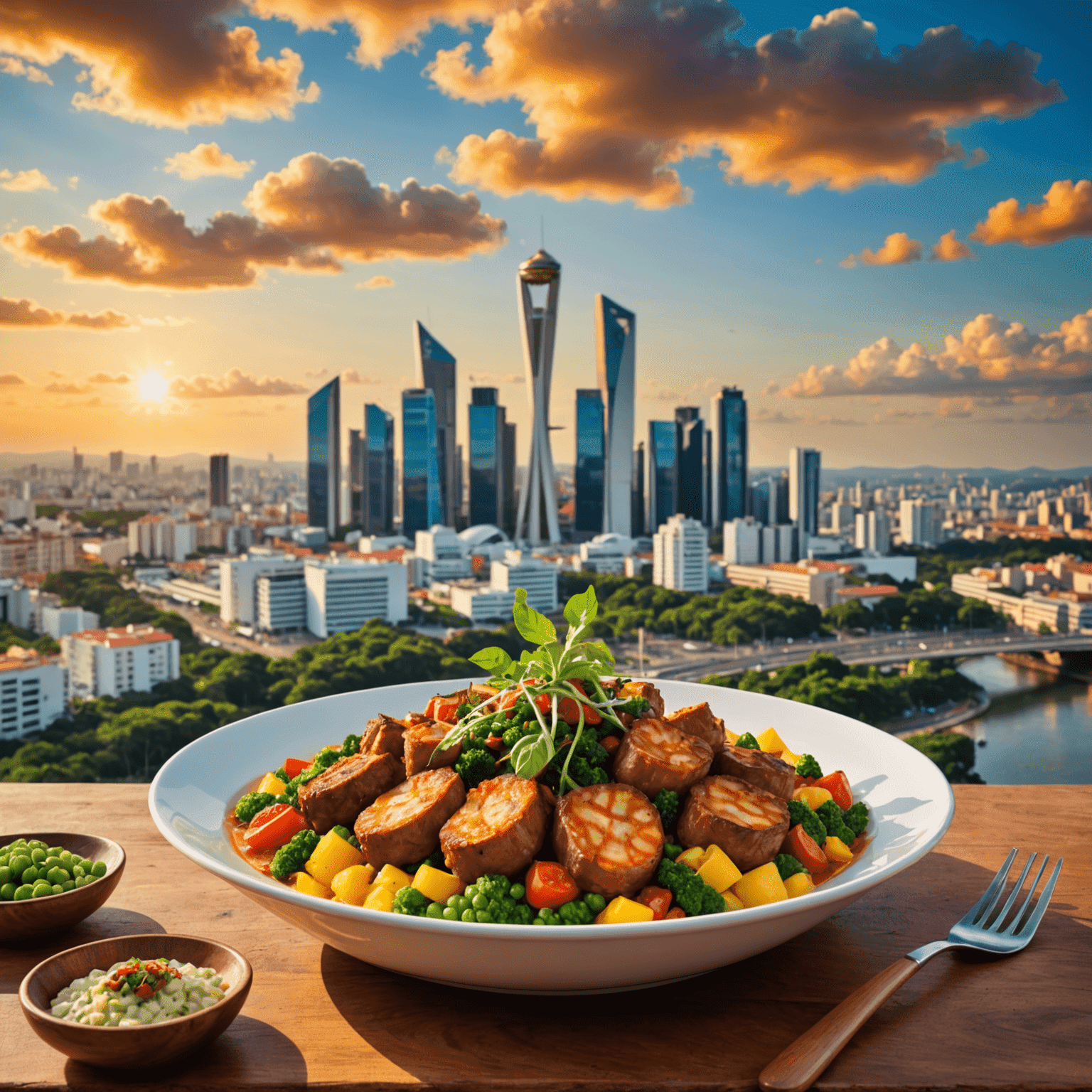 Imagem de um prato gourmet colorido e apetitoso, representando a cena gastronômica inovadora de Brasília, com o skyline da cidade ao fundo.