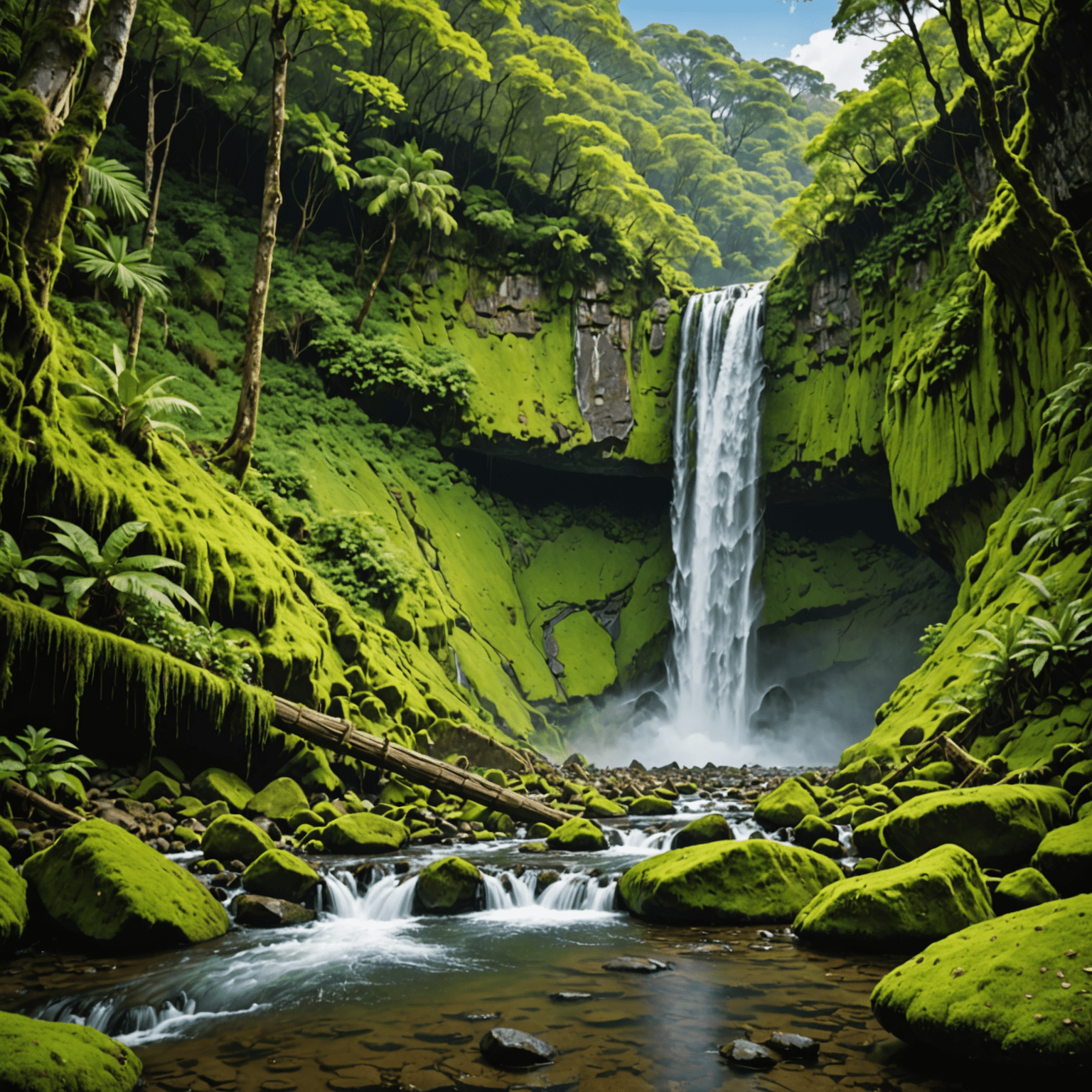 Cachoeira do Tororó com suas águas caindo sobre rochas cobertas de musgo, rodeada por vegetação densa