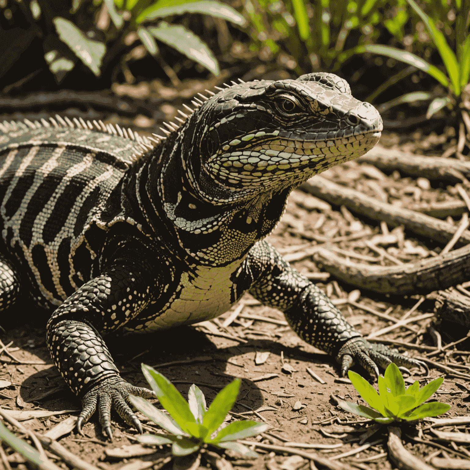 Um teiú curioso observando o fotógrafo, com sua pele escamosa brilhando ao sol do cerrado, cercado por vegetação típica