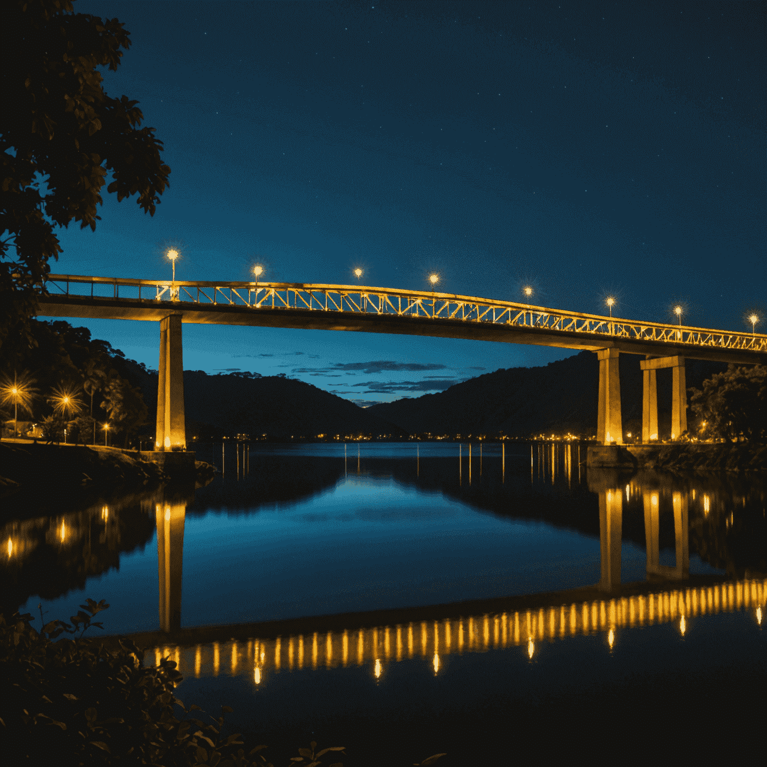 A Ponte JK iluminada à noite, refletindo sobre o Lago Paranoá