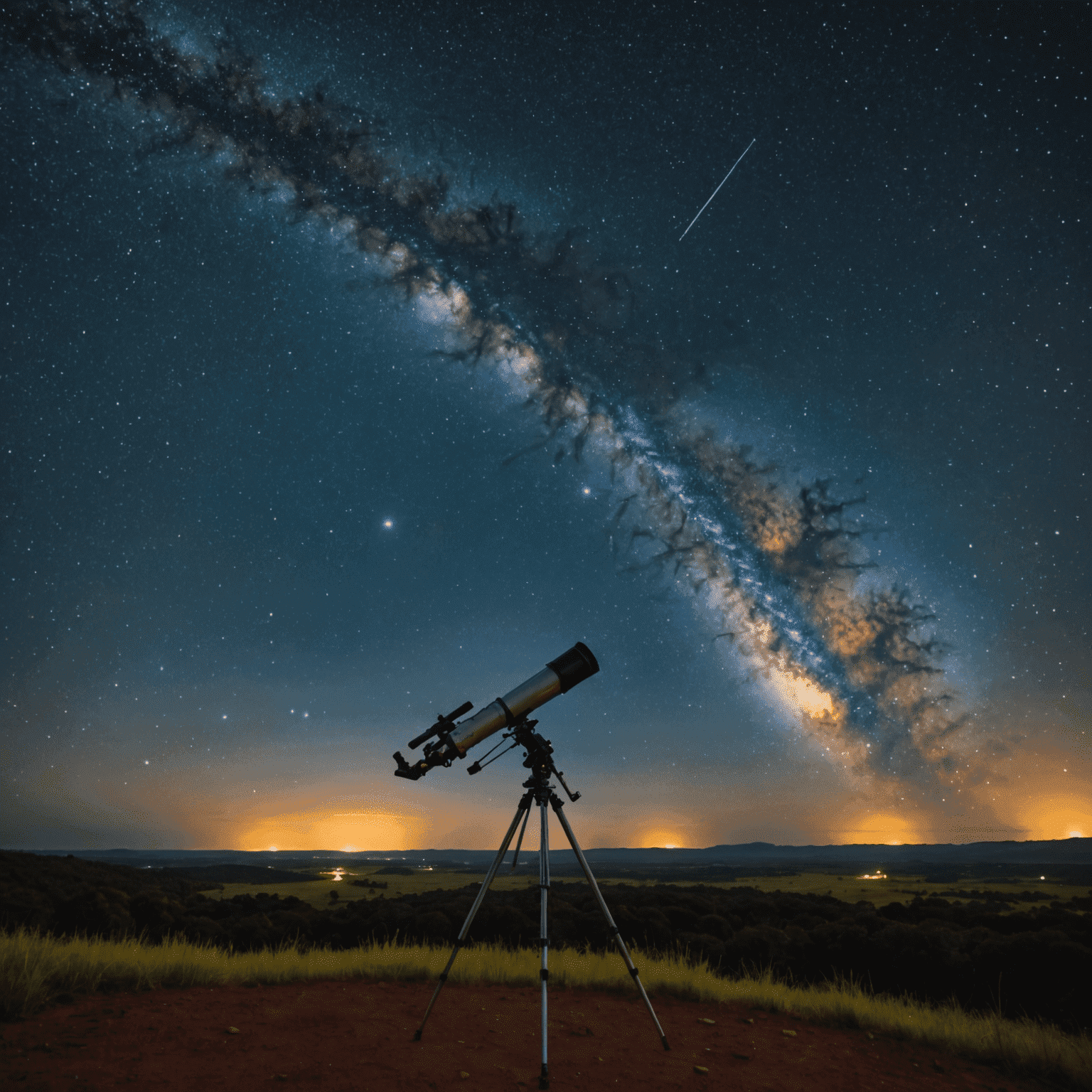 Imagem noturna do céu estrelado sobre o cerrado próximo a Brasília, com a Via Láctea claramente visível e um telescópio em primeiro plano.