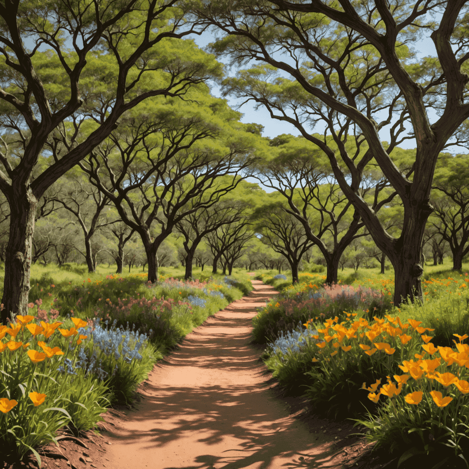 Trilha estreita no Jardim Botânico de Brasília com árvores retorcidas do cerrado e flores silvestres coloridas