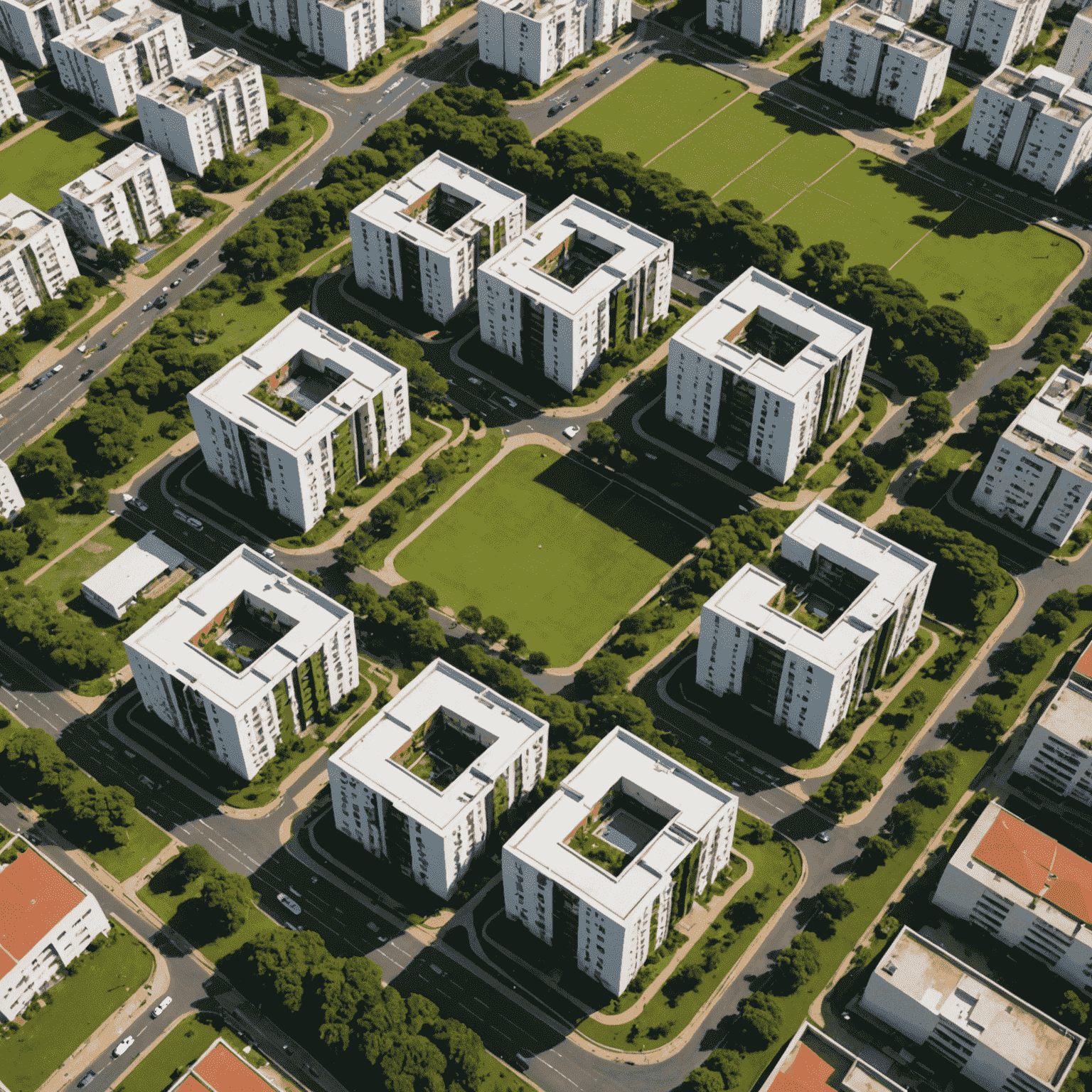 Vista aérea de uma superquadra típica de Brasília, mostrando o layout único e os espaços verdes