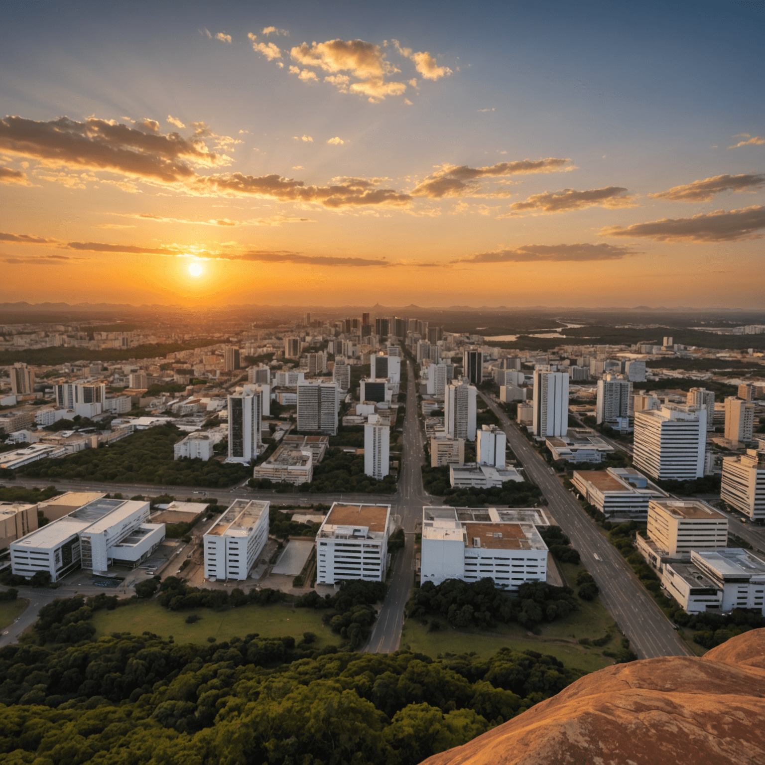 Vista do pôr do sol a partir do Mirante da Pedra Fundamental, mostrando o horizonte de Brasília ao longe