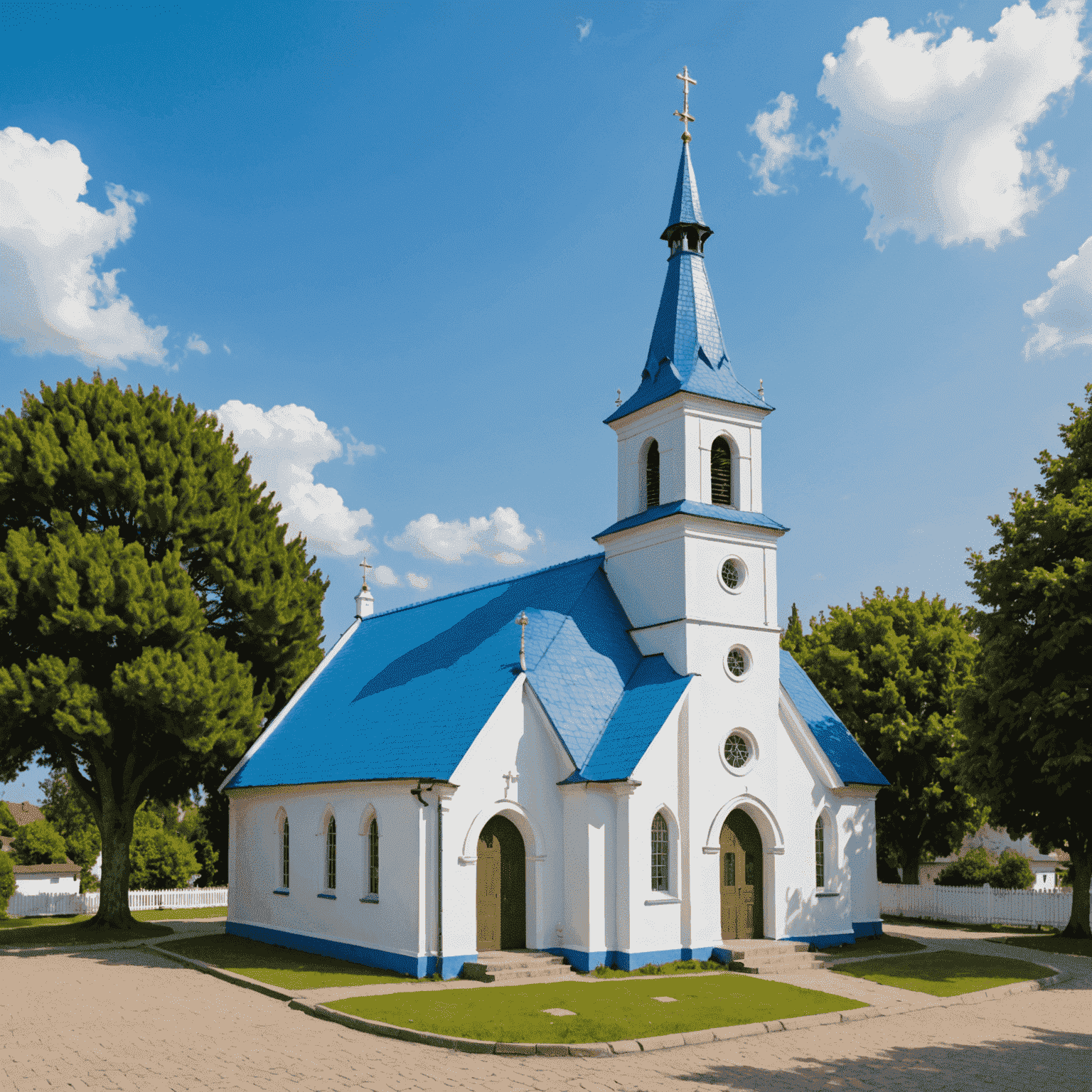 A pequena igreja branca com seu telhado triangular característico e azulejos azuis