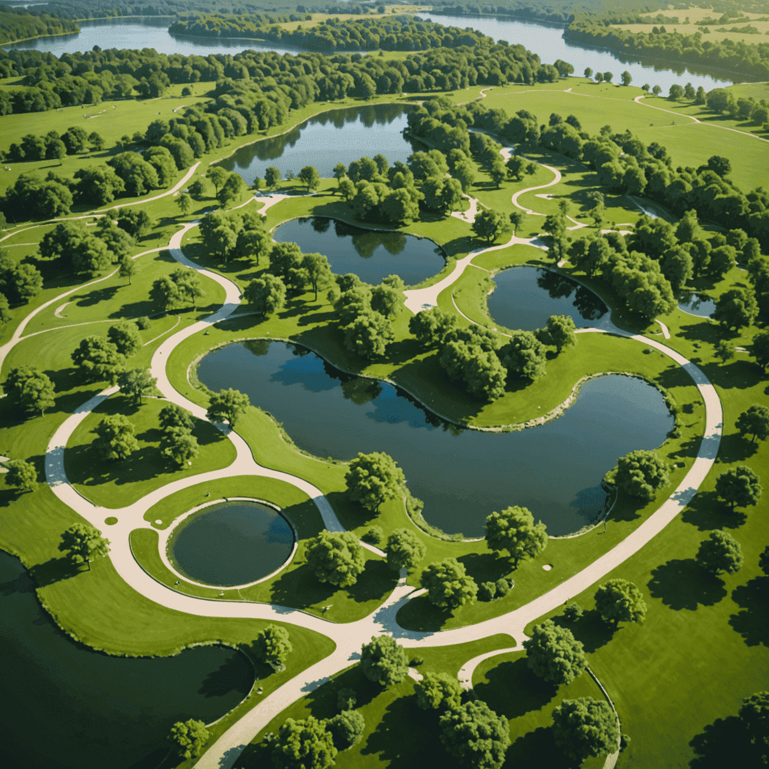 Vista do parque com seus caminhos sinuosos, lagos e áreas verdes